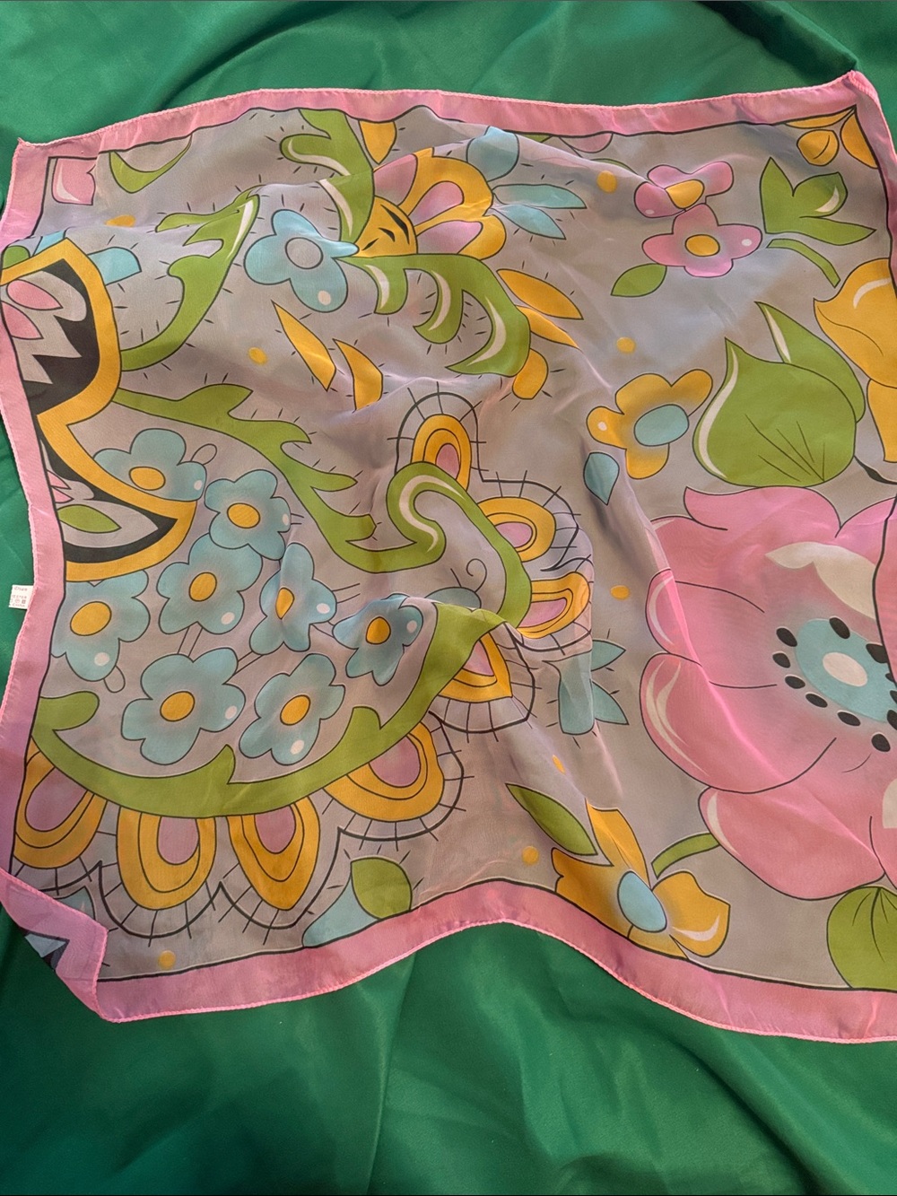 Vintage Floral Pastel Silk & polyester scarf Pink Trim, Aqua & Green Print
